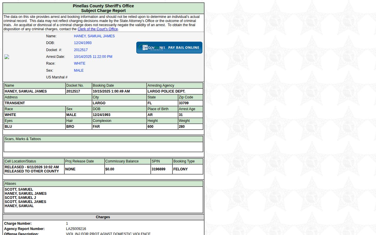 Pinellas County released inmate booking status record