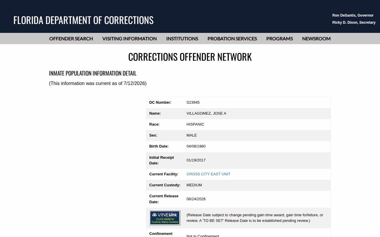 Pinellas County projected release date in an FDC offender detail