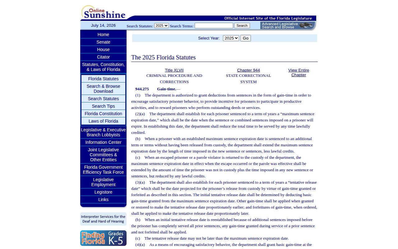 Florida statute governing Pinellas County state projected release dates