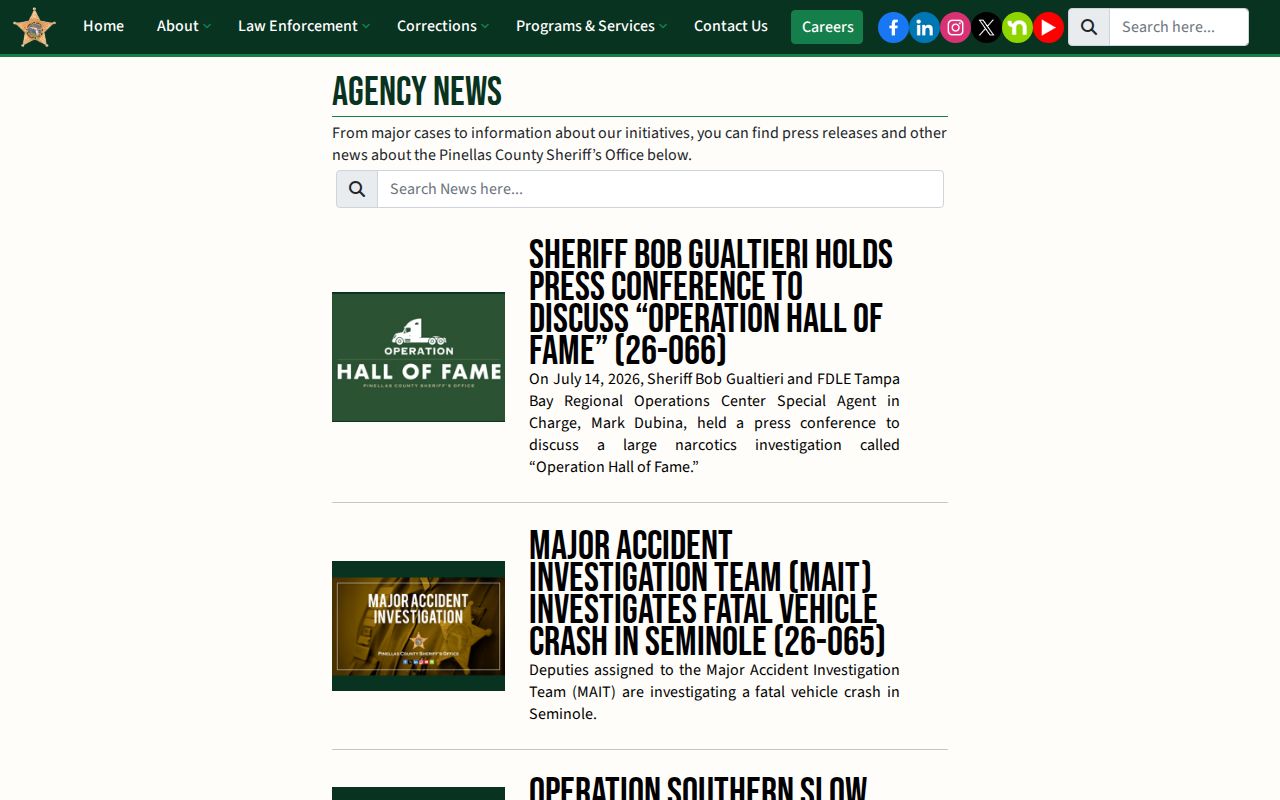 Pinellas County released inmate mugshot source in PCSO agency news
