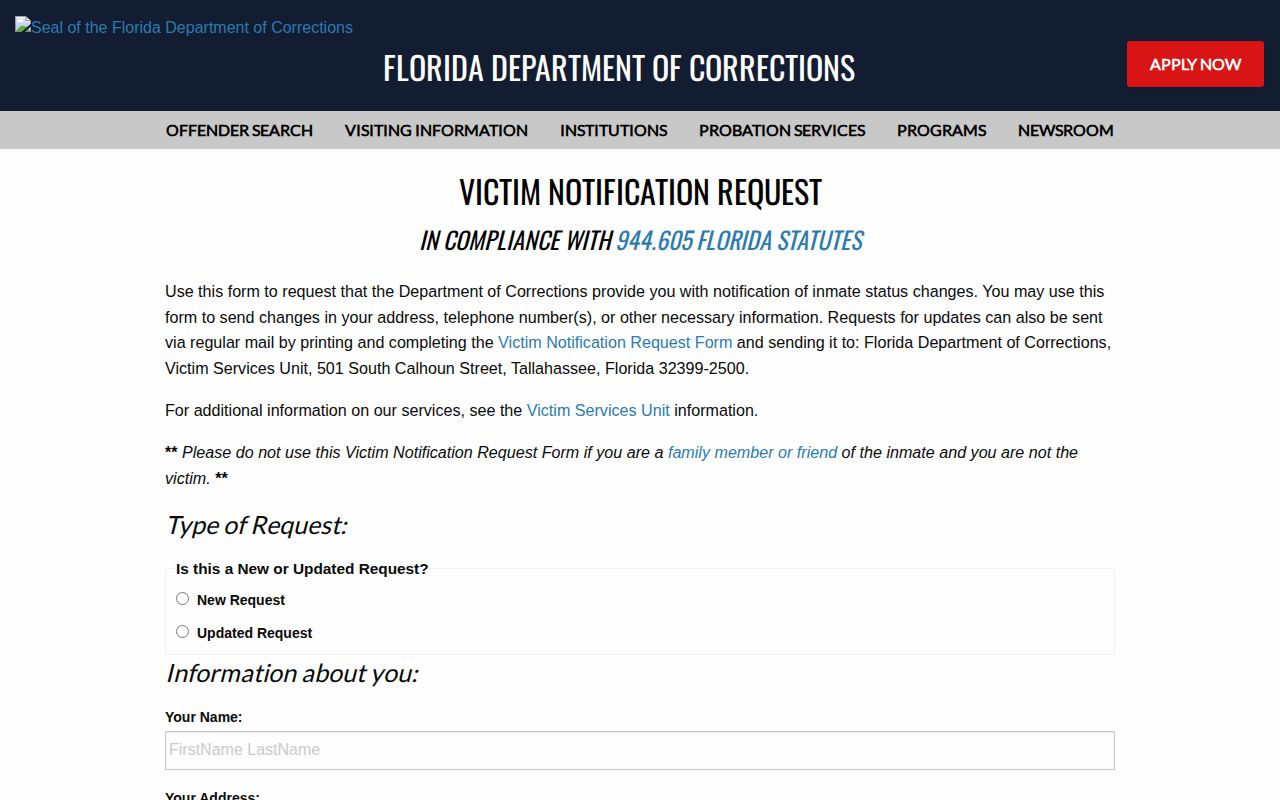 Florida FDC VINE notification request for a Pinellas County release event